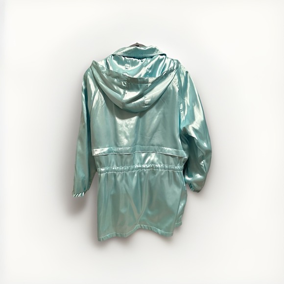 Vtg 1990 IVANA (Trump) Satin Parka Jacket Aqua Gold Crest Buttons Hooded L /XL - Picture 3 of 5